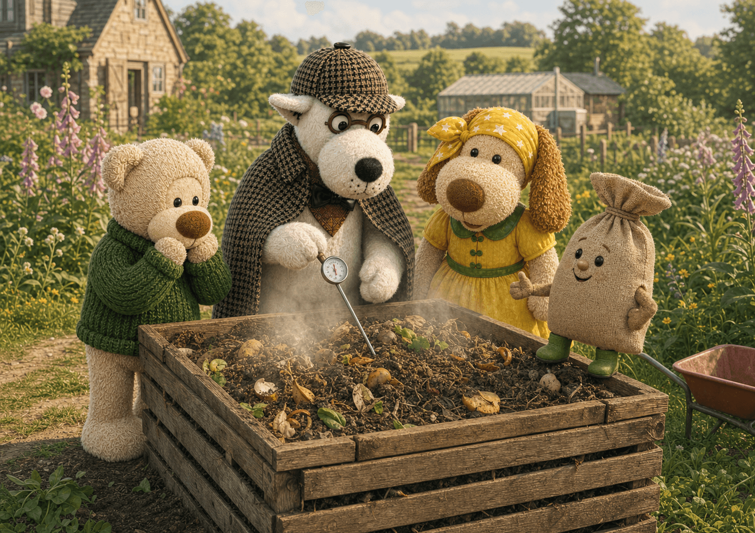Toby, Tanya, Douglas and the Compost Bag together in the garden